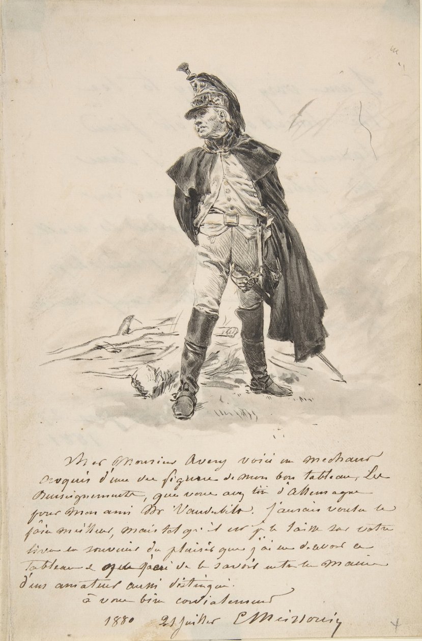 Brev till Samuel P. Avery med en teckning av en militärfigur, 1880. av Jean Louis Ernest Meissonier