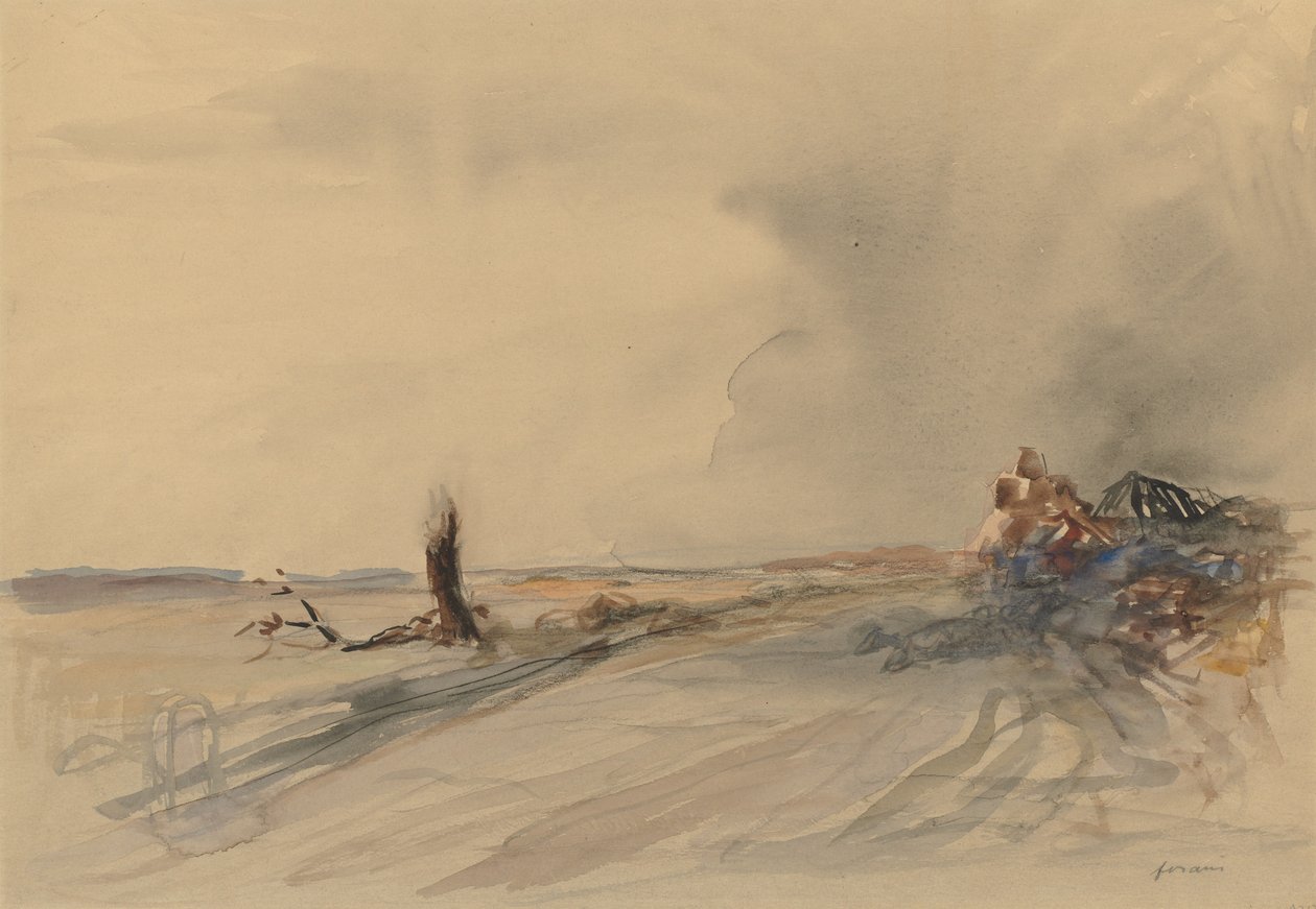 Devastated Land, Figurer i ett landskap ca 1919 (gråtusch, akvarell och gouache) av Jean Louis Forain