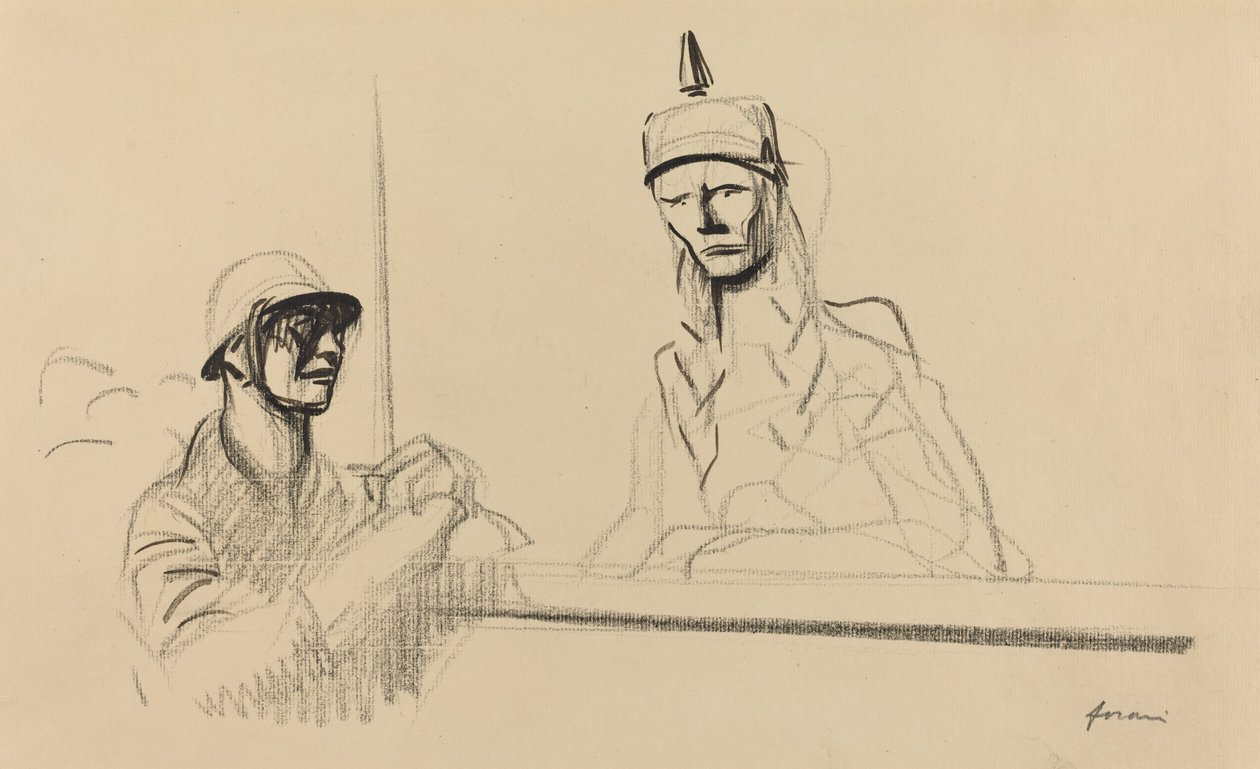 Fransk soldat tilltalar Germania, ca. 19141919. av Jean Louis Forain