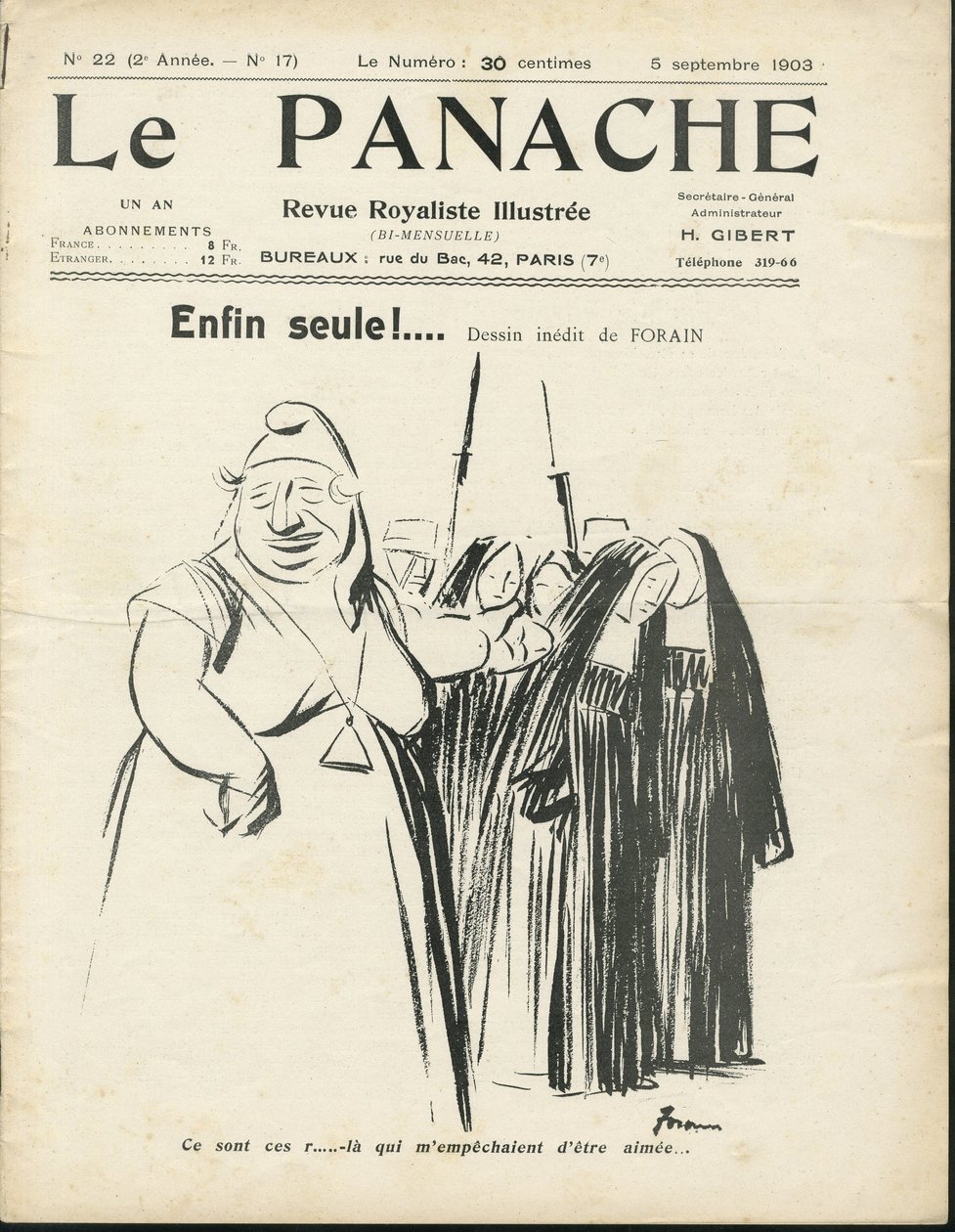 Illustration av Jean-Louis Forain (1852-1931) för omslaget till Le Panache, royalistisk tidskrift illustree, nr 20 av Jean Louis Forain