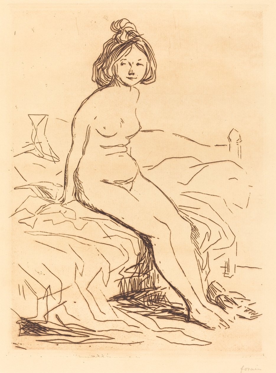 Naken kvinna, sittande på sin säng, framifrån av Jean Louis Forain