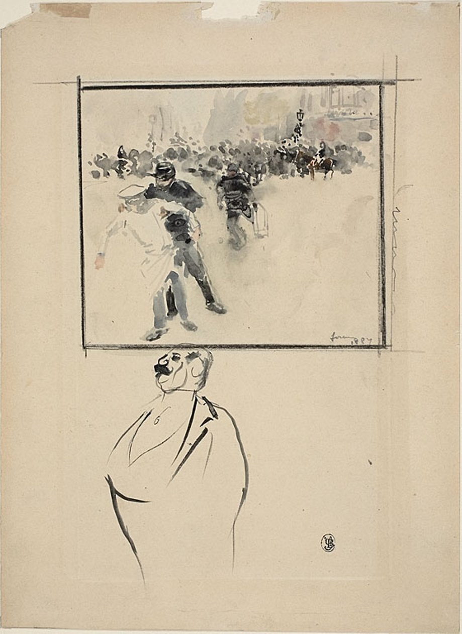 Skisser av en inramad upploppsscen och av en man (recto); Kvinna med motorhuv (verso) av Jean Louis Forain