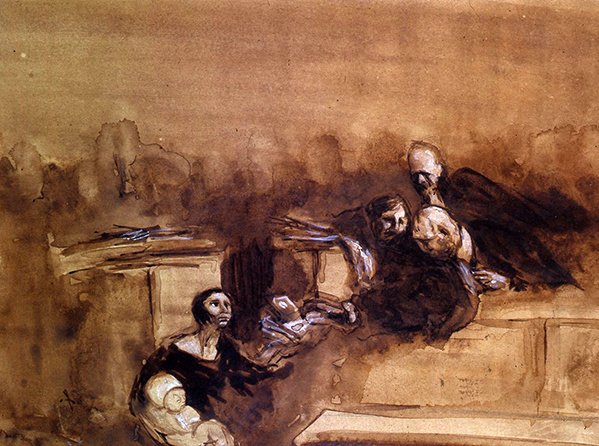 The Hopeless Lawsuit (penna & tvätt med vit förhöjning på papper) av Jean Louis Forain
