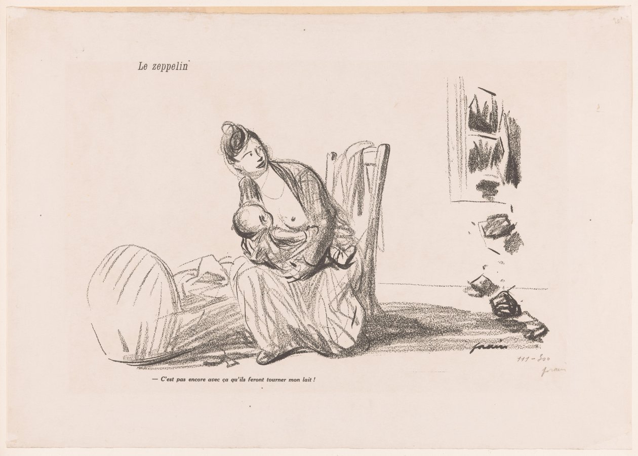 Kvinnan ammar medan fönstren krossas Le zeppelin (titel på objekt) av Jean Louis Forain