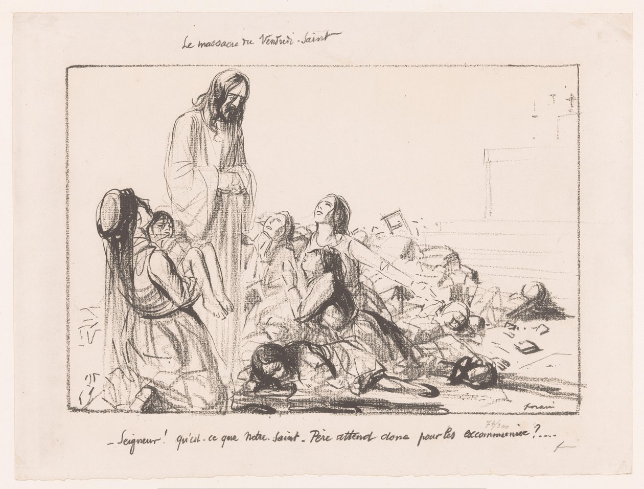 Kvinnor i bombade kyrkan fördömer Kristus Le massacre du Vendredi-Saint (titel på objektet) av Jean Louis Forain