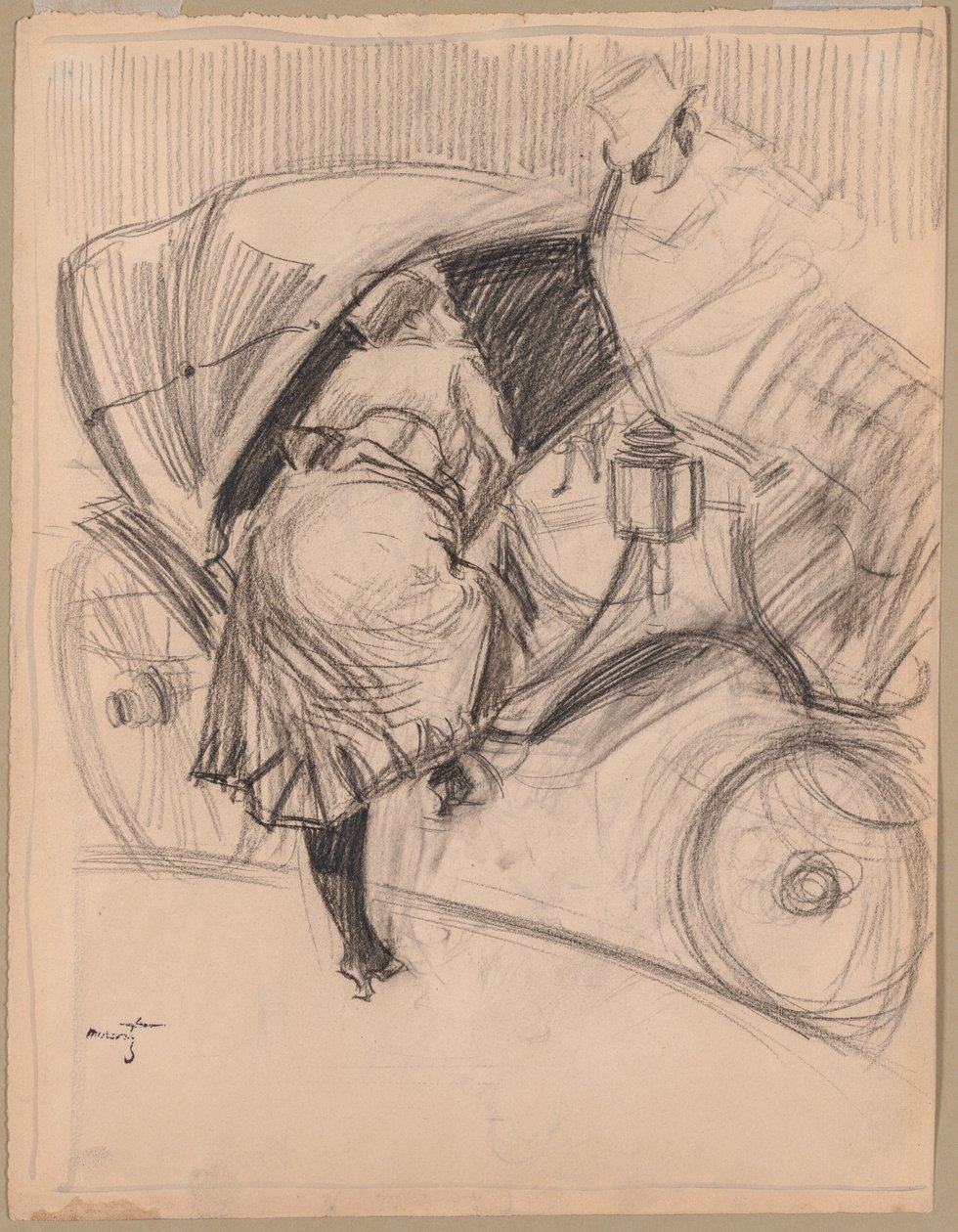 Kvinna som går in i en Fiacre (kol med svart bläck som ramar in linjer) av Jean Louis Forain