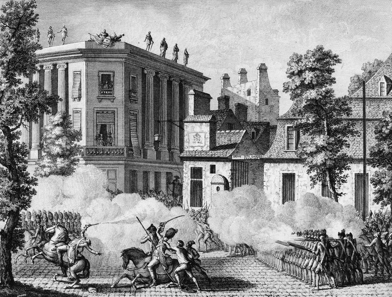 Franska revolutionen: Action mellan det tyska kungliga och det franska gardet framför franska gardets depå den 12 juli av Jean Louis II (after) Prieur