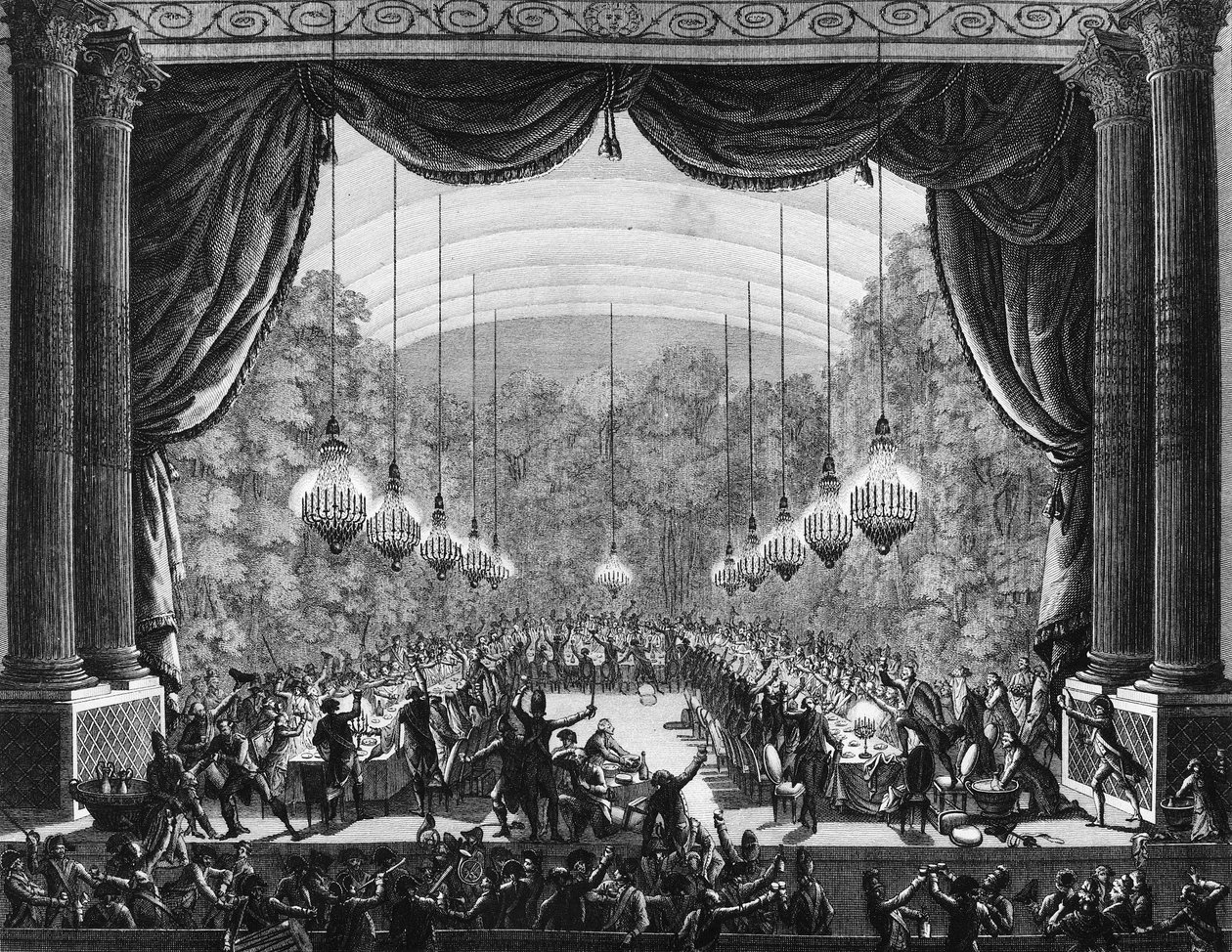 Franska revolutionen: Livvakternas bankett den 1 oktober 1789 i operarummet på slottet i Versailles för att fira ankomsten av deras kamrater från Flanderns regemente. Gravyr av Berthaut efter Prior. Paris, Library of Institute of His av Jean Louis II (after) Prieur