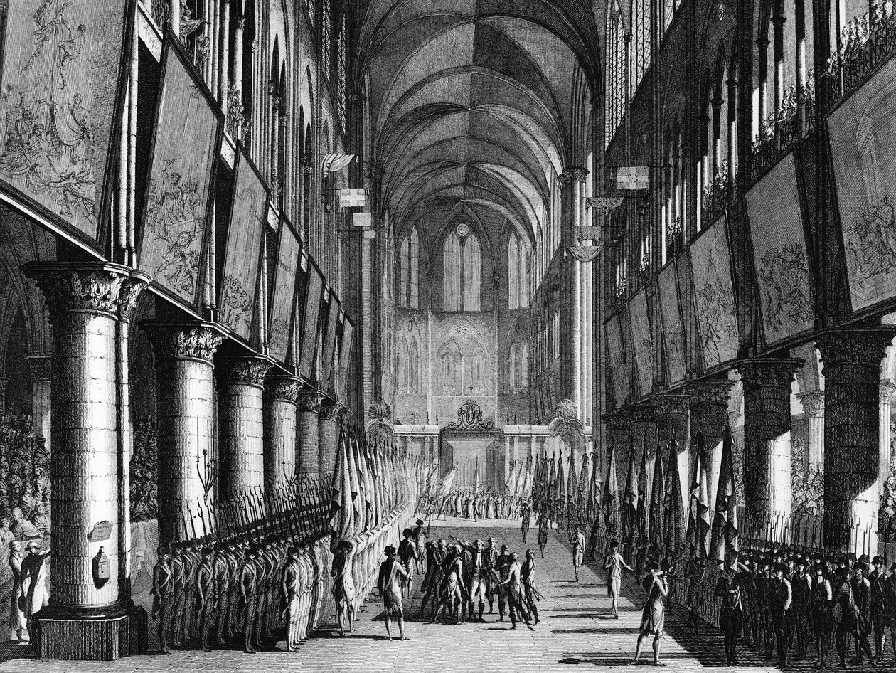 Franska revolutionen: Benediktion av nationalgardets flaggor av Monsignor Juigne i Notre Dame-kyrkan den 27 september av Jean Louis II (after) Prieur