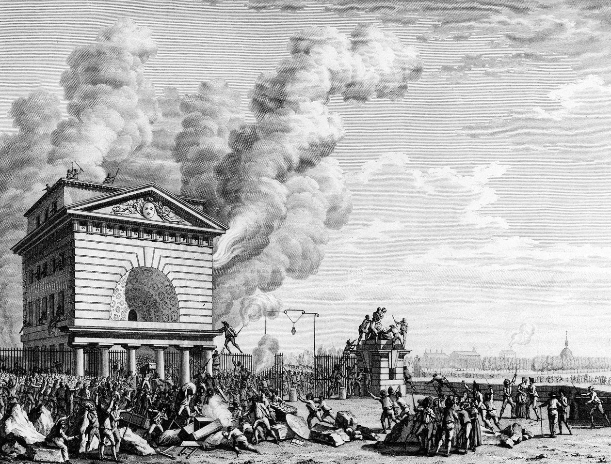 Franska revolutionen: Brand av barriären för konferensen i Paris den 12 juli 1789. Gravyr av Berthaut efter Prior. Paris, Bibliotheque av Institut d