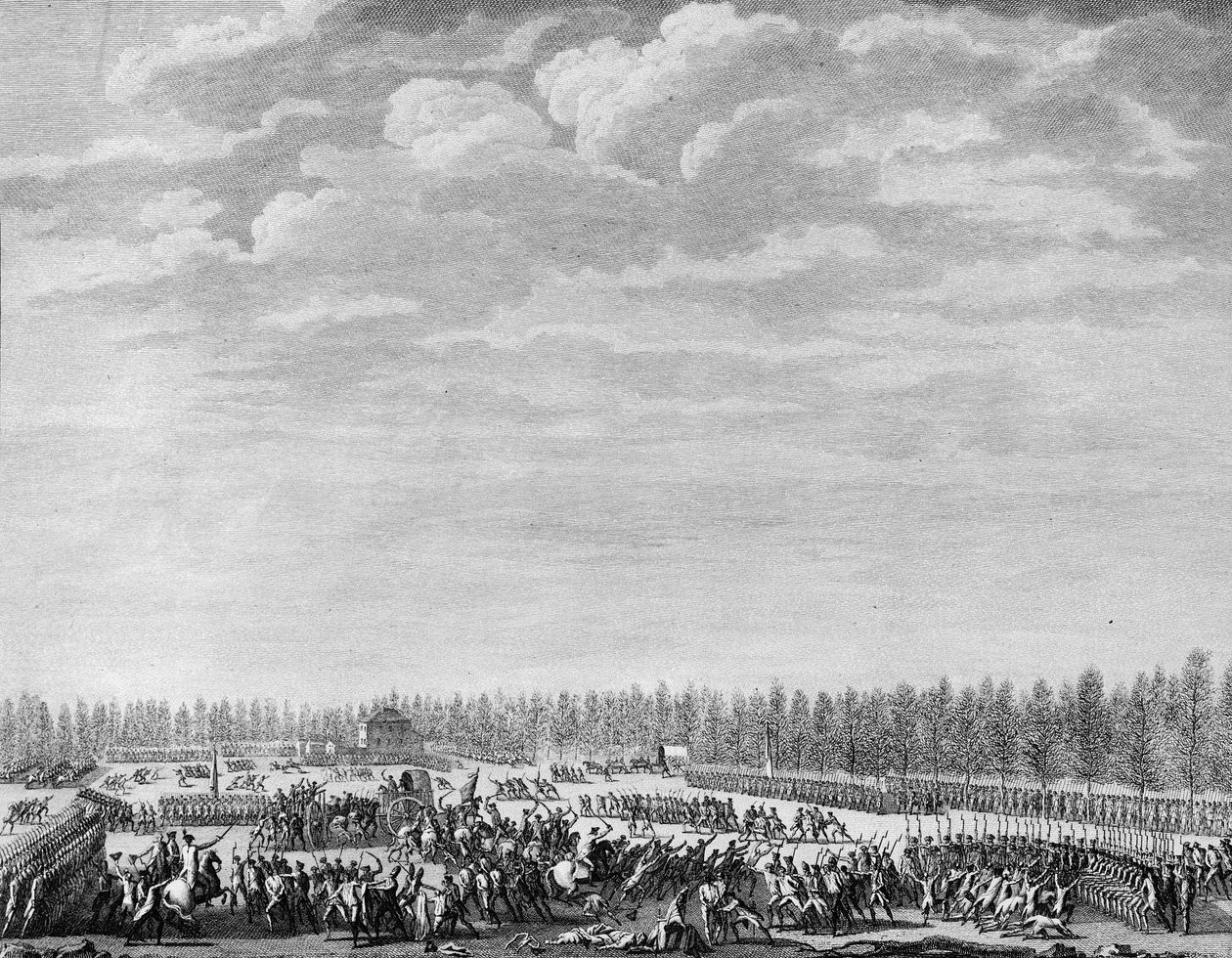 Franska revolutionen: Gilbert du Motier, Marquis de la Fayette (1757-1834) fick tvåhundra soldater avväpnade för odisciplin vid Champs Elysees i Paris den 12 januari 1790. Gravyr av Berthaut efter Prior. Paris, biblioteket vid Institute of History of R av Jean Louis II (after) Prieur