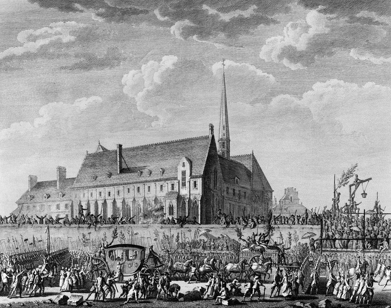 Franska revolutionen: Kung Ludvig XVI anländer med sin familj (Marie Antoinette, delfinen Louis Charles av Frankrike eller Ludvig XVII och Marie Therese känd som "Madame Royale") till Paris den 6 oktober av Jean Louis II (after) Prieur