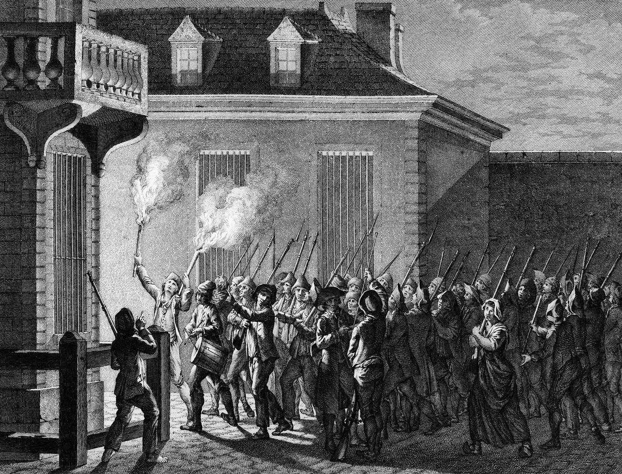 Franska revolutionen: Paris bevakning av folket natten mellan 12 och 13 juli 1789. Gravyr av Berthaut efter Prior. Paris, biblioteket vid Institutet för revolutionshistoria av Jean Louis II (after) Prieur