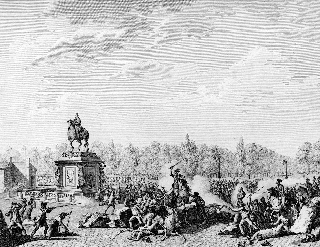 Franska revolutionen: Place Louis XV, drakarna av Charles Eugene de Lorraine, Prince of Lambesc (1754-1825) lastade en kortege som bar byster av Jacques Necker (1732-1804) och hertigen av Orleans den 12 juli 1789. Gravyr av Berthaut efter Prior. Paris, av Jean Louis II (after) Prieur