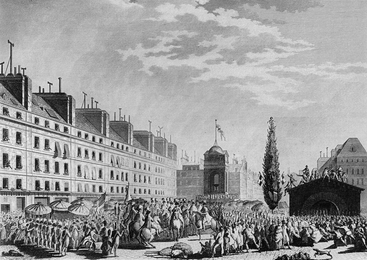 Franska revolutionen: Kungörelse av konstitutionen (Constitutional Monarchy: Separation of Powers and Institution of the Constitutional Monarchy) Place du Marche des Innocents i Paris den 14 september av Jean Louis II (after) Prieur