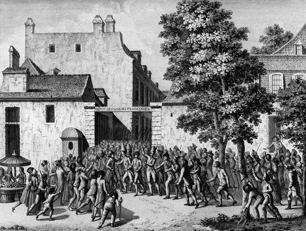 Franska revolutionen: Franska vakterna räddar Monsieur du Chatelet, deras överste, från den populära upphetsningen den 12 juli av Jean Louis II (after) Prieur