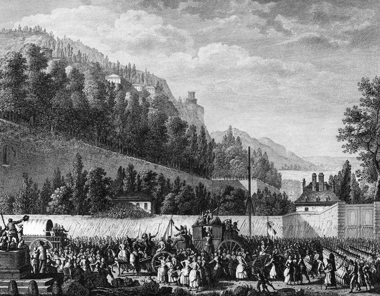 Franska revolutionen: Damerna i Halle åker till Versailles för kungen den 5 oktober av Jean Louis II (after) Prieur