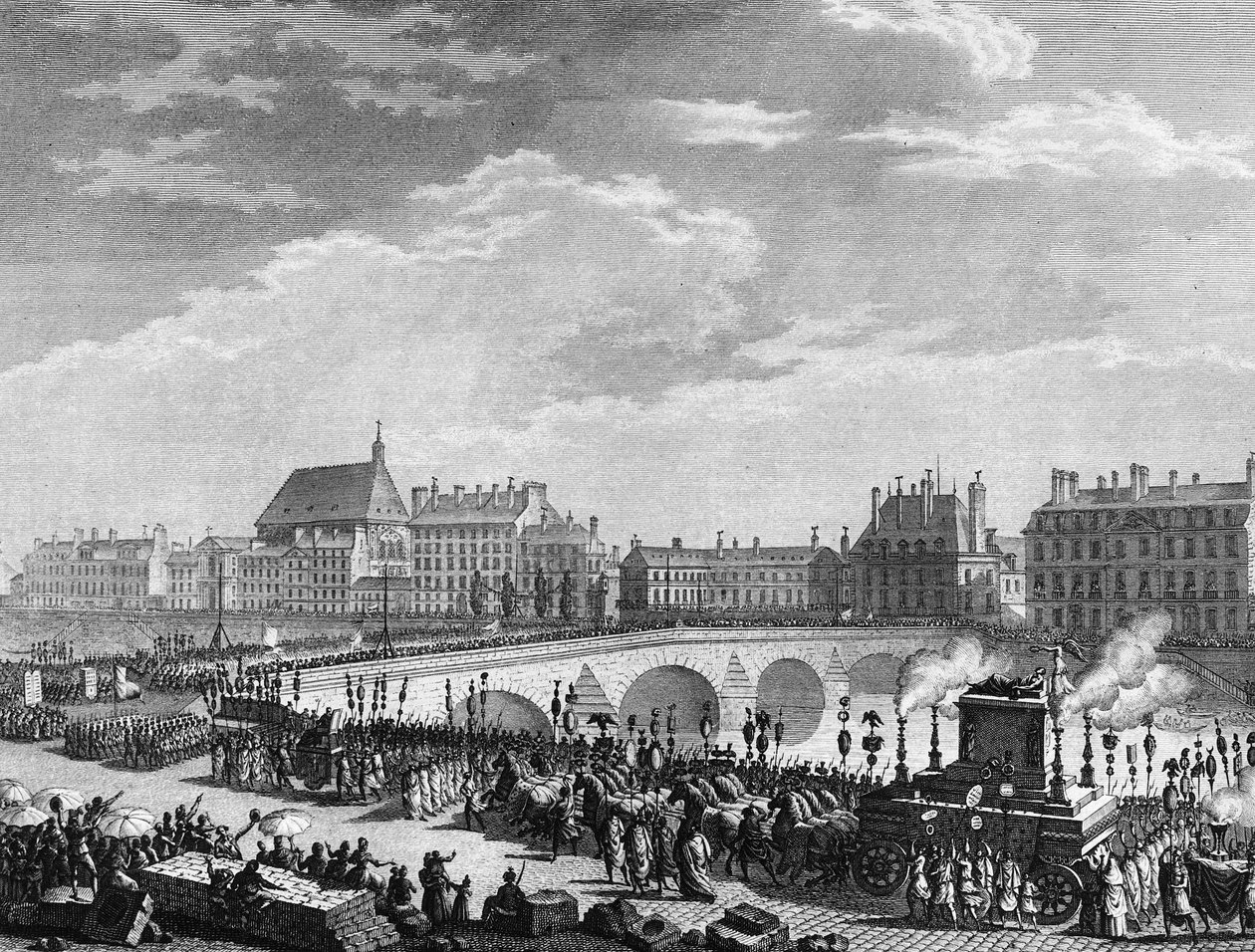 Franska revolutionen: Triumf för Francois Marie Arouet dit Voltaire (1694-1778) den 11 juli 1791 (funebre tanken av kvarlevorna av Voltaire har sin passage på den kungliga bron). Gravyr av Berthaut efter Prior. Paris, Bibliotek vid Institute of History of av Jean Louis II (after) Prieur