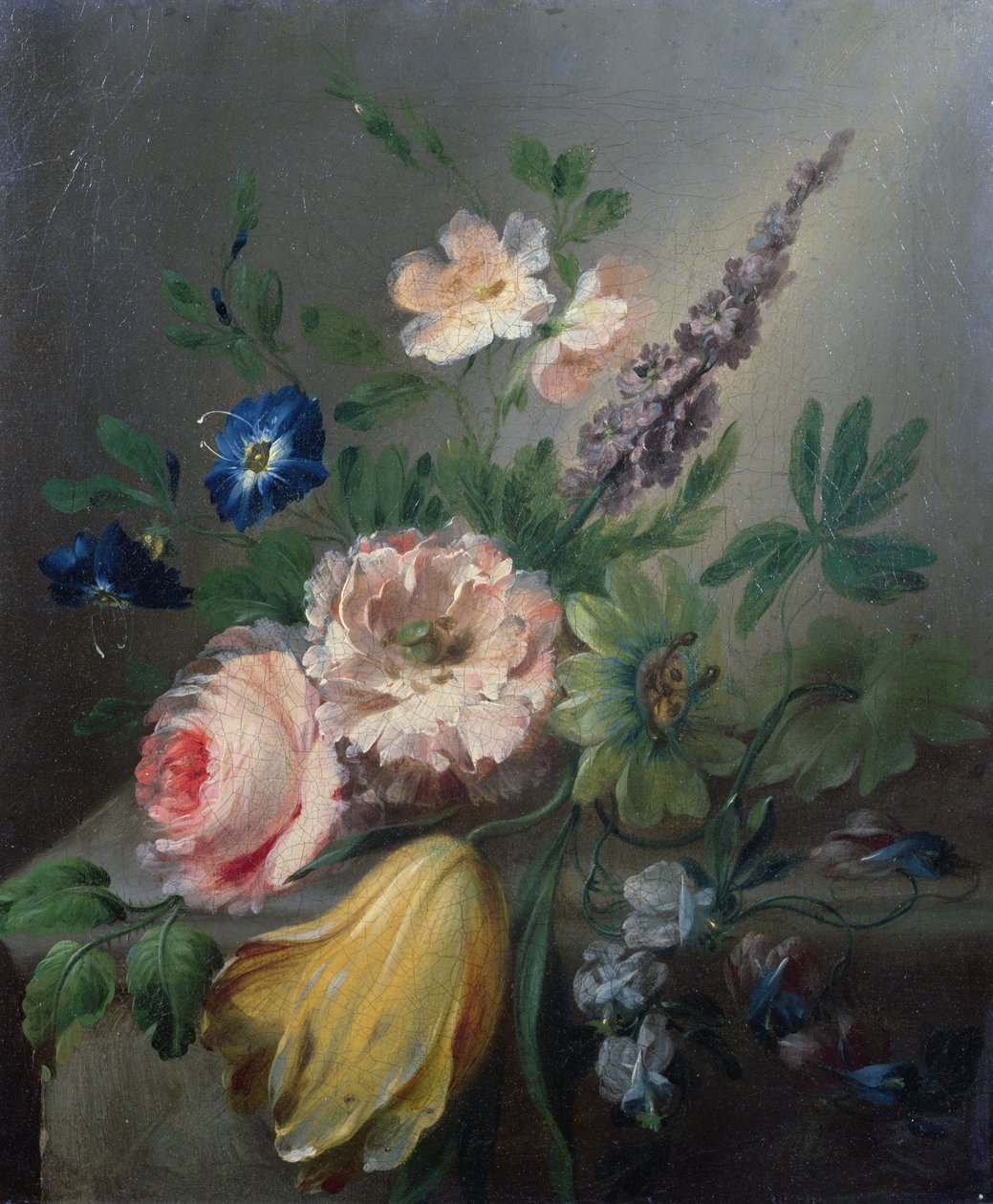 Stilleben av rosor, passionsblommor, en tulpan och andra blommor på en stenkant av Jean Louis Prevost