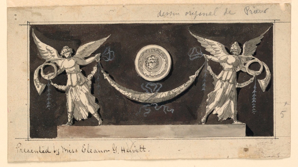 Dekorativ panel: Berömmelser som stöder en swag under en medaljong av Jean Louis Prieur the Younger
