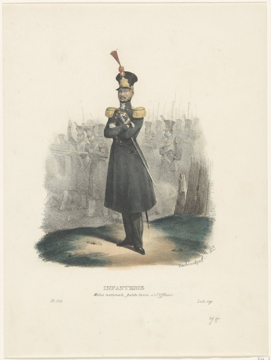 Officer för den nationella militären, 1829 Infanteri/nationell milis, officers avklädning (titel på föremål) Belgiska dräkter: antika och moderna, militära, civila och religiösa, 1830 (serietitel) av Jean Louis Van Hemelryck