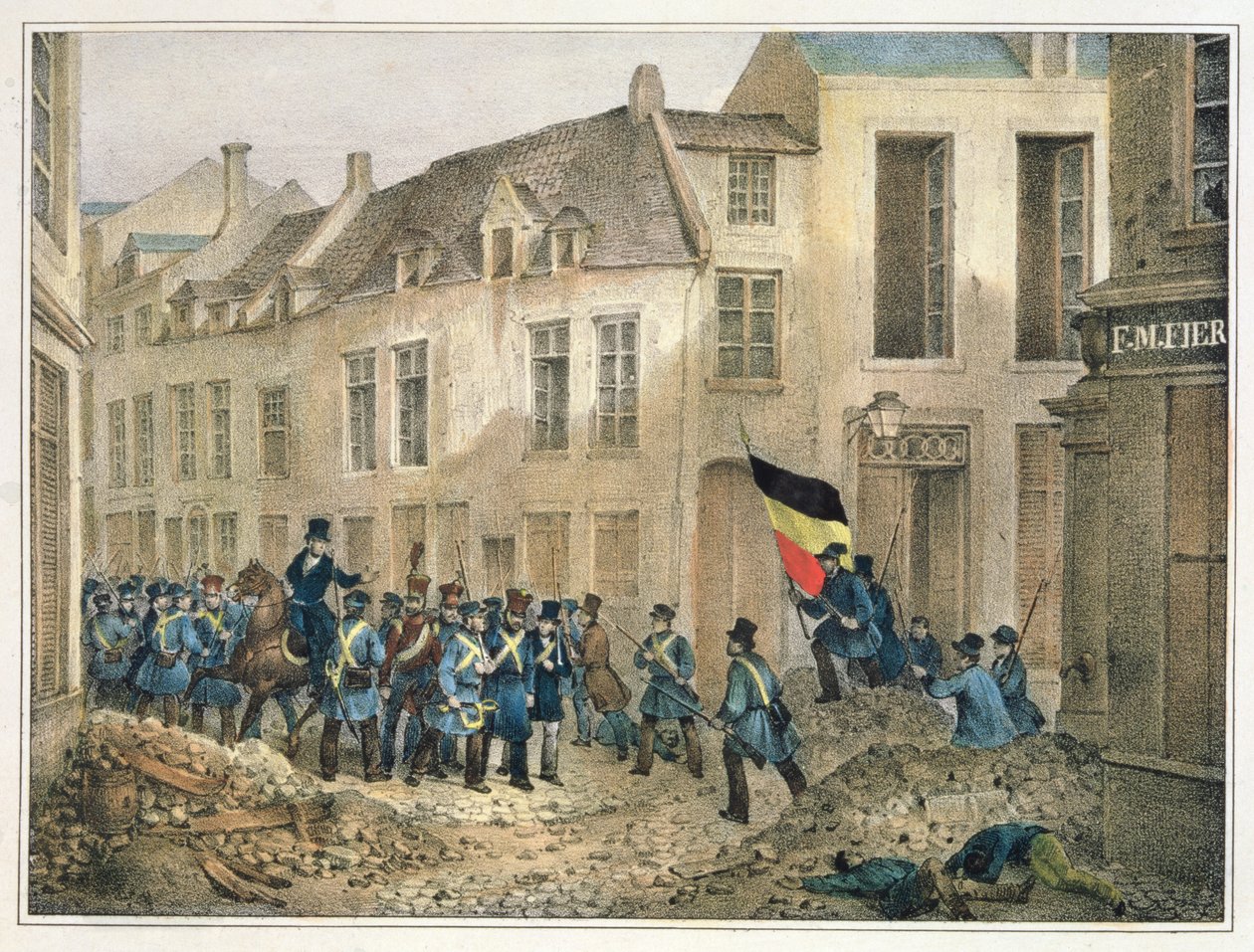 Rue de Louvain, Bryssel, 23 september 1830, graverad av A.M. Jobard (fl.1820-30) av Jean Louis Van Hemelryck