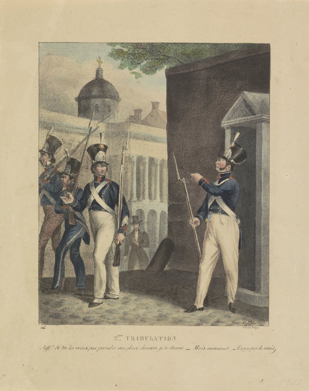 Andra rättegången, 1828 2:a vedermödan. Jeff! si tu ne viens pas prendre ma place, demain je te chasse - Mais monsieur - Il n y a pas de mais (titel på objekt) Tecknad film om disproportionerna inom de belgiska gevärsmännen, 1828 (serietitel) av Jean Louis Van Hemelryck