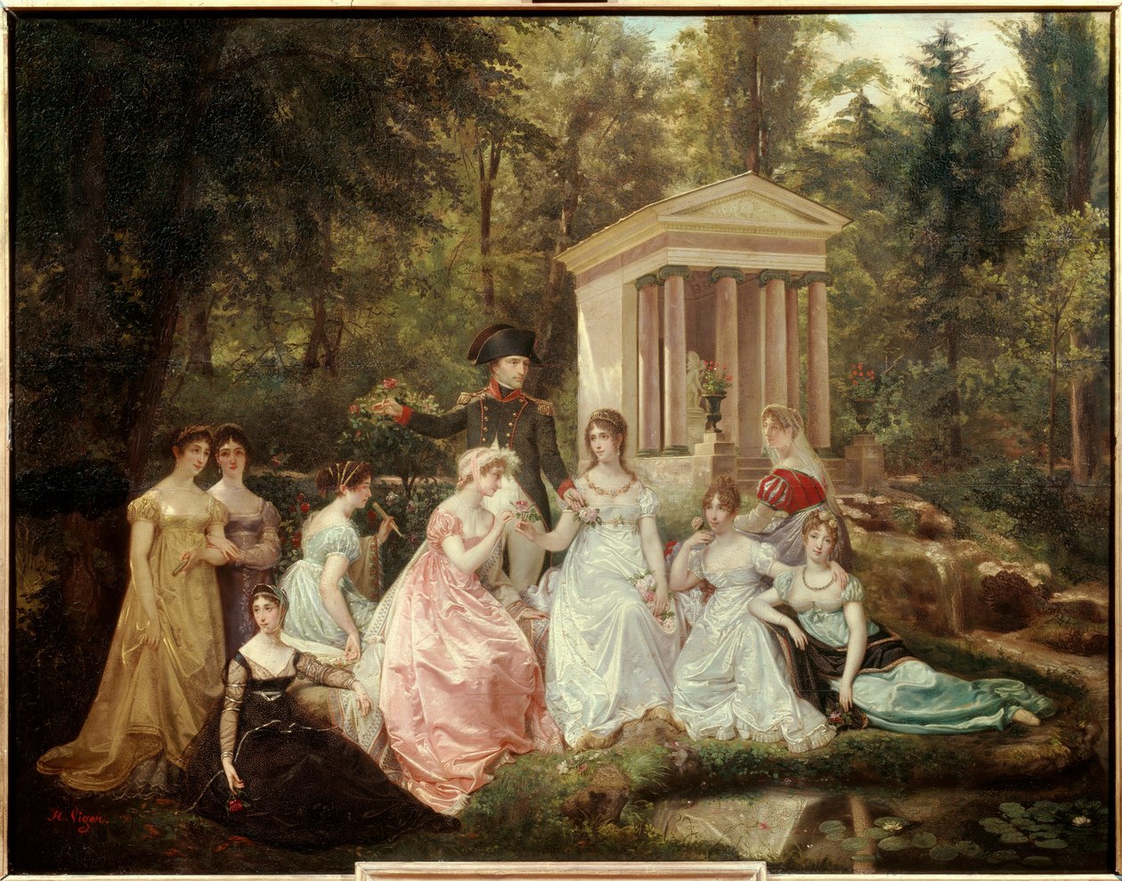 Malmaisons ros: Kejsarinnan Josephine de Beauharnais och kejsar Napoleon Bonaparte och hans hedersdamer Målning av Victor Vigger du Vigneau (1819-1879) Sön. 0,71x0,92 m Malmaison, slottsmuseum av Jean Louis Victor Viger du Vigneau