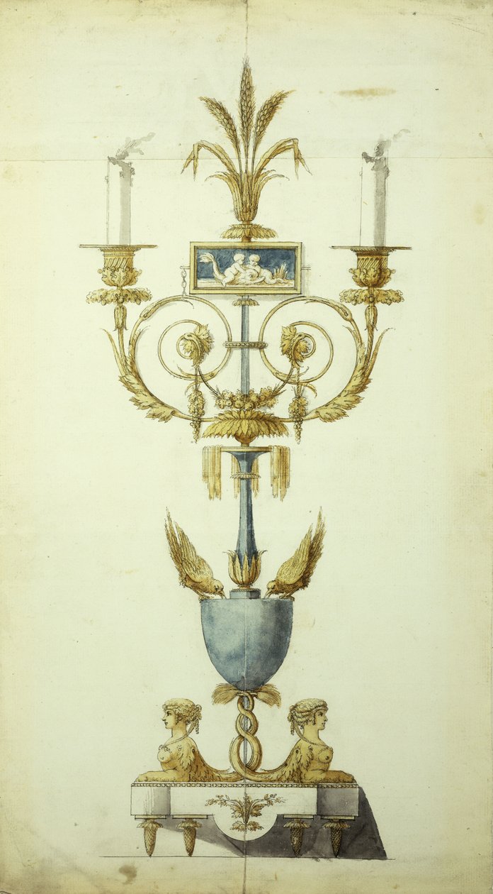 Design för en förgylld brons och emalj kandelaber (penna och bläck med w/c på papper) av Jean Louis the Younger Prieur