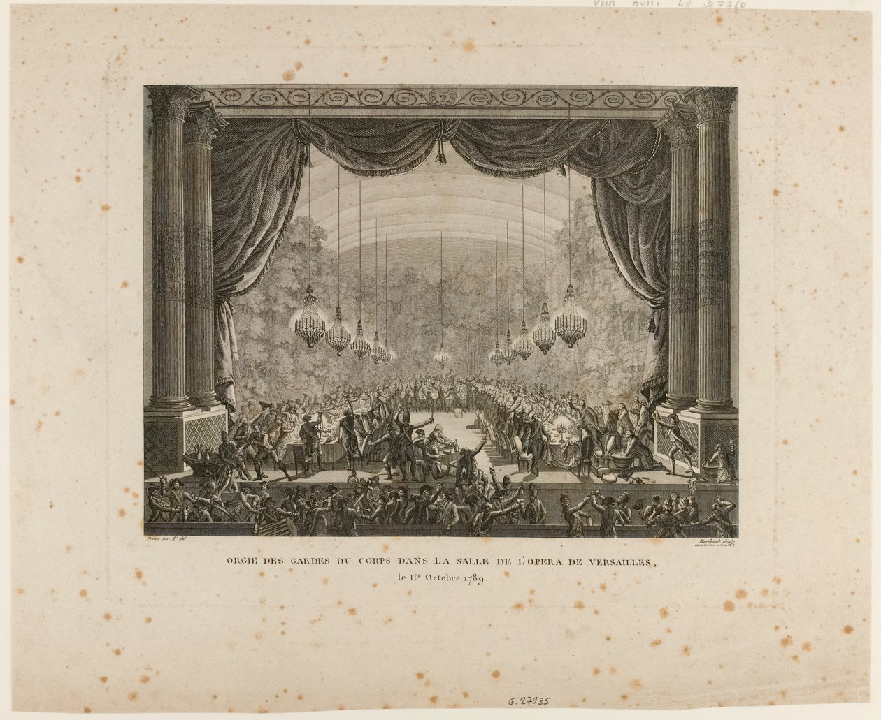 Livvakternas fest, Flanderns regementen, Montmorency-drakarna och Versailles nationalgarde. När de trampar på National Cockade visar de upp den svarta kokarden, ett tecken på "Aristokratiska förbundet" av Jean Louis the Younger Prieur