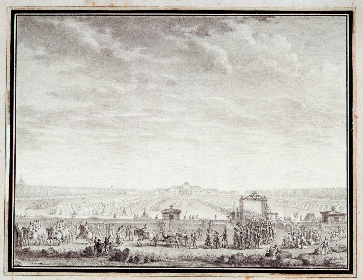 Franska revolutionen: "" Les troupes du Champ-de-Mars avgår till Place Louis XV: 12 juli 1789"" Teckning i bläck och tvätt av Jean-Louis Prieur (1759-1795) 1700-talet. Storlek 0,17x0,23 m. Paris, Carnavalet-museet av Jean Louis the Younger Prieur