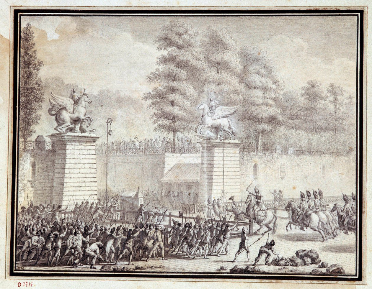Franska revolutionen: "" Monsieur de Lambesc går in i Tuilerierna med en avsättning från det kungliga tyska regementet den 12 juli 1789"" Teckning i bläck och tvätt av Jean-Louis Prieur (1759-1795) av Jean Louis the Younger Prieur