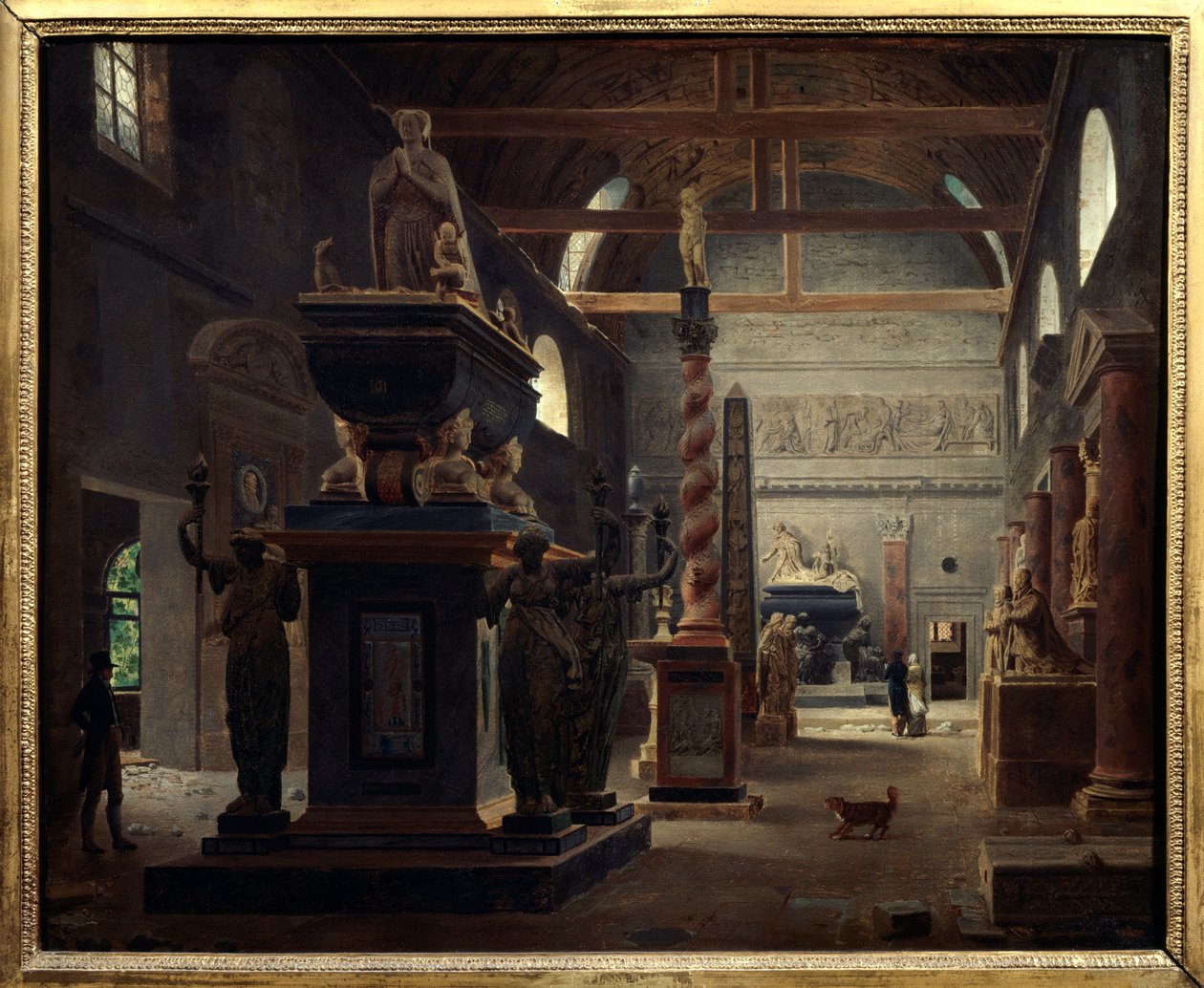 Introduktionshallen för Musee des Monuments Francais vid klostret Petites Augustins rue Bonaparte i Paris Målning av Jean Lubin Vauzelle (1776-afr 1837) 1812 Sön. 0,6x0,75 m Paris, Musee Carnavalet. av Jean Lubin Vauzelle