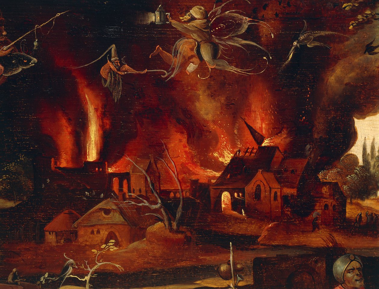Majaribu ya Mtakatifu Anthony, maelezo yanayoonyesha mji katika moto na mapepo, na Jan Mandyn (1500-1560).swed av Jean Mandyn