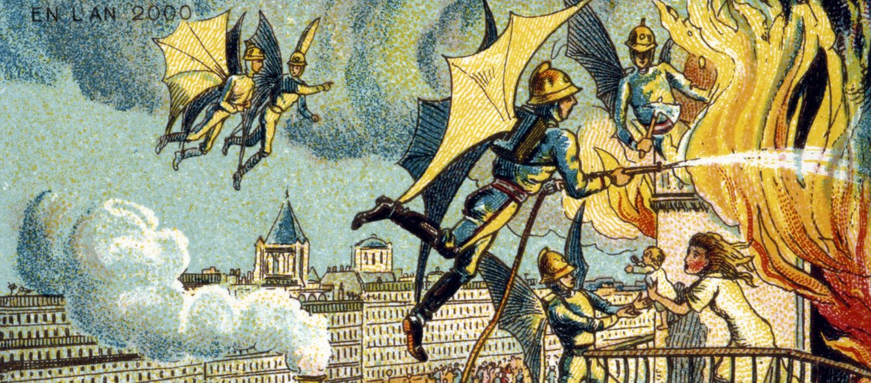 Flygande brandman. Från serien Visions of the Year 2000, 1899 av Jean Marc Côté