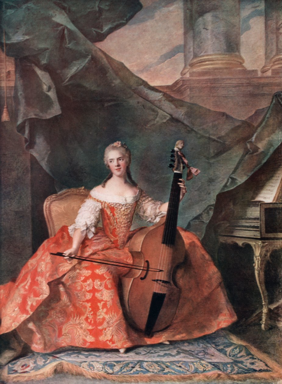 Madame Henriette de France i hovdräkt spelar en basviol, 1754. av Jean Marc Nattier