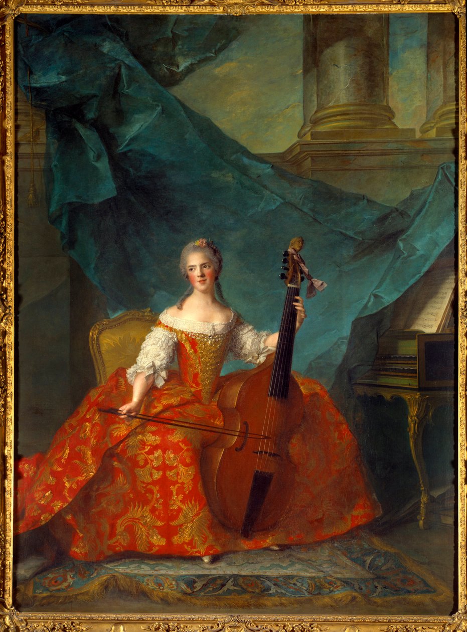 Porträtt av Madame Henriette de France (1727-1752), dotter till Ludvig XV, som spelar fiolbas - Målning av Jean Marc (Jean-Marc) Nattier (1685-1766) av Jean Marc Nattier