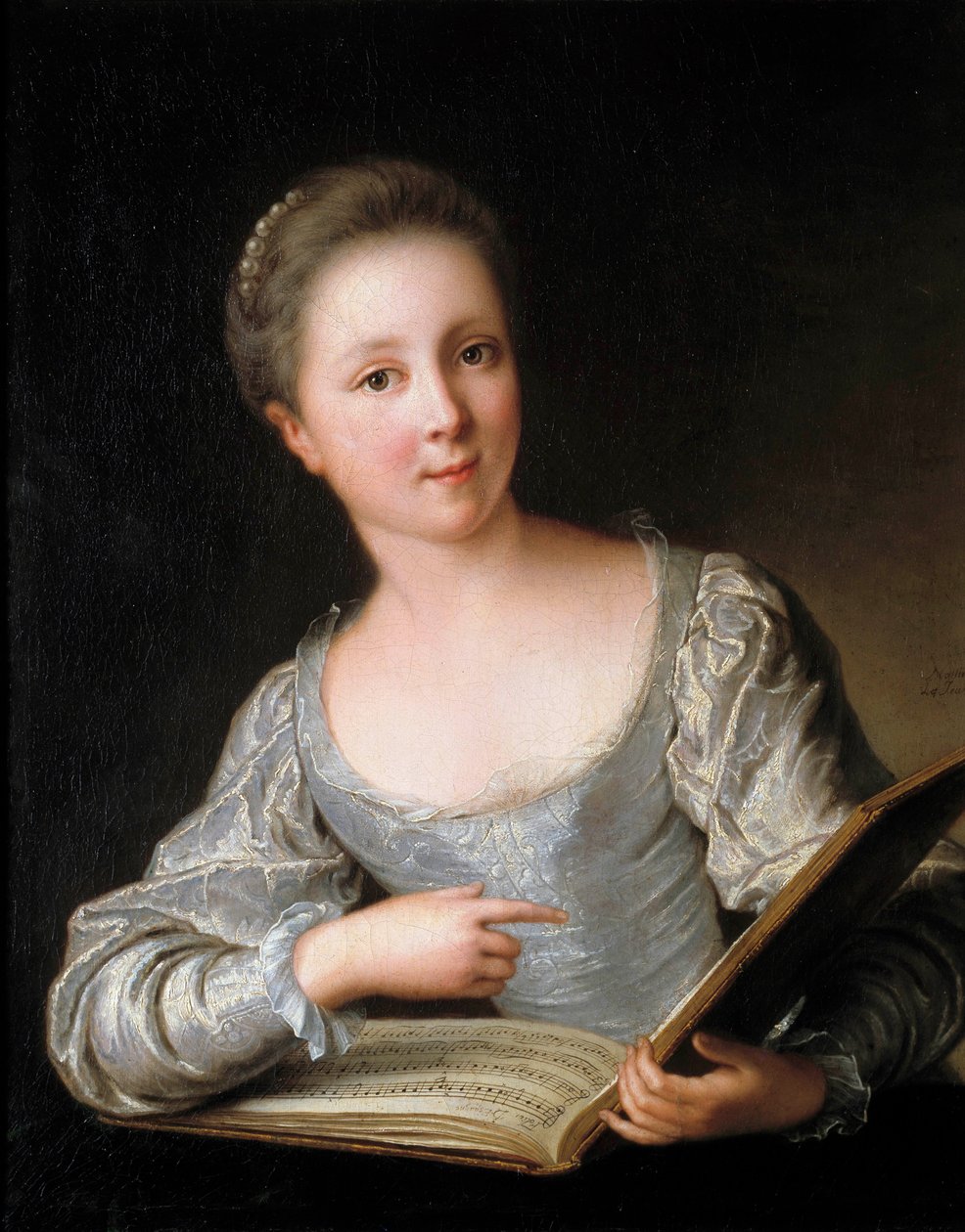 Porträtt av en ung kvinna Den unga kvinnan läser ett notblad - Målning av Jean Marc (Jean-Marc) Nattier (1685-1766) 1719 Dim 0,74 x 0,60 m av Jean Marc Nattier