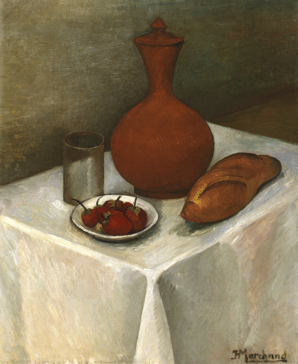 Stilleben med lergodskanna, limpa och jordgubbar av Jean Marchand