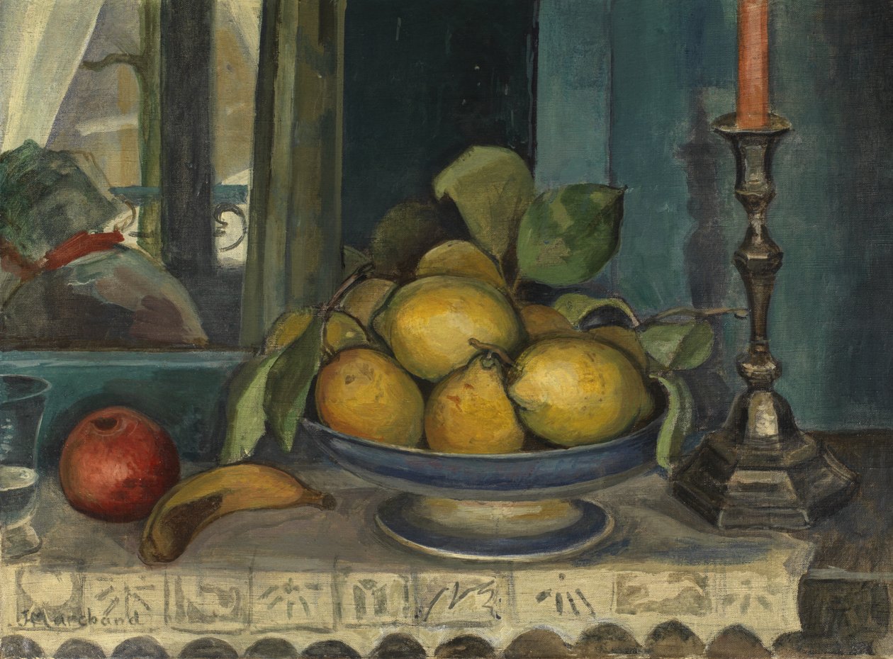 Stilleben med frukt och ljusstake, ca 1920 (olja på duk) av Jean Marchand