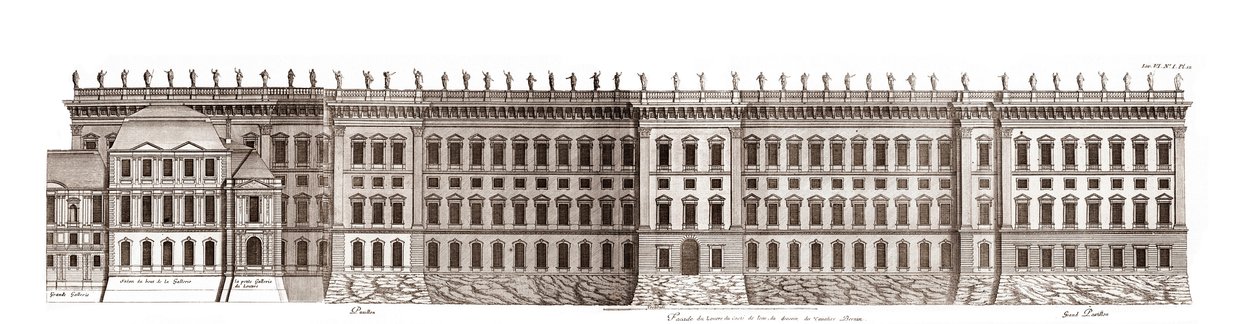 Louvren i Paris, projekt av Gian Lorenzo Bernini: höjd av huvudfasaden mot Seine - Från "" Architecture francoise"" av Jacques-Francois Blondel - elevation de la principale fasad cote Seine - projekt av Bernin - gravyr av Jean Marot av Jean Marot