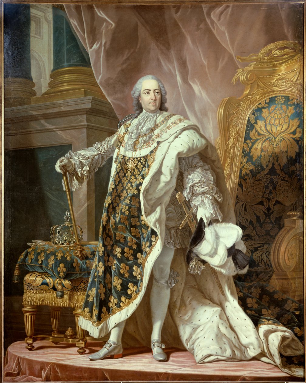 Porträtt till fots av Ludvig XV (1710-1774) i helig dräkt, kung av Frankrike. Målning av Jean Martial Fredou (1710-1774) efter Louis Michel van Loo (1707-1771) 1761 Dim. 2,77x1,95 m - Hellängdsporträtt av Ludvig XV (1710-1774), kung av Frankrike, i coronat av Jean Martial Frédou
