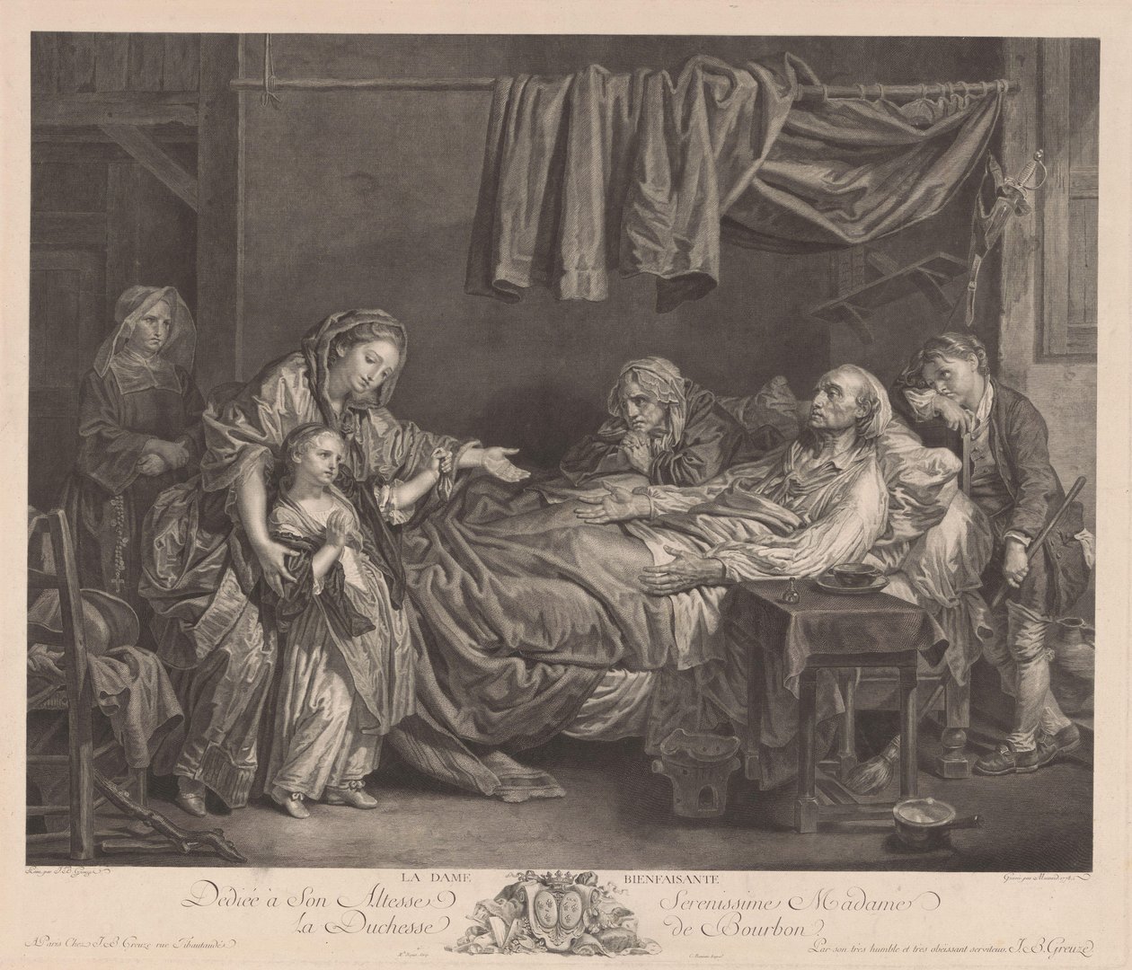 Familj runt en sjuksäng La Dame Bienfaisante (titel på objekt) av Jean Massard