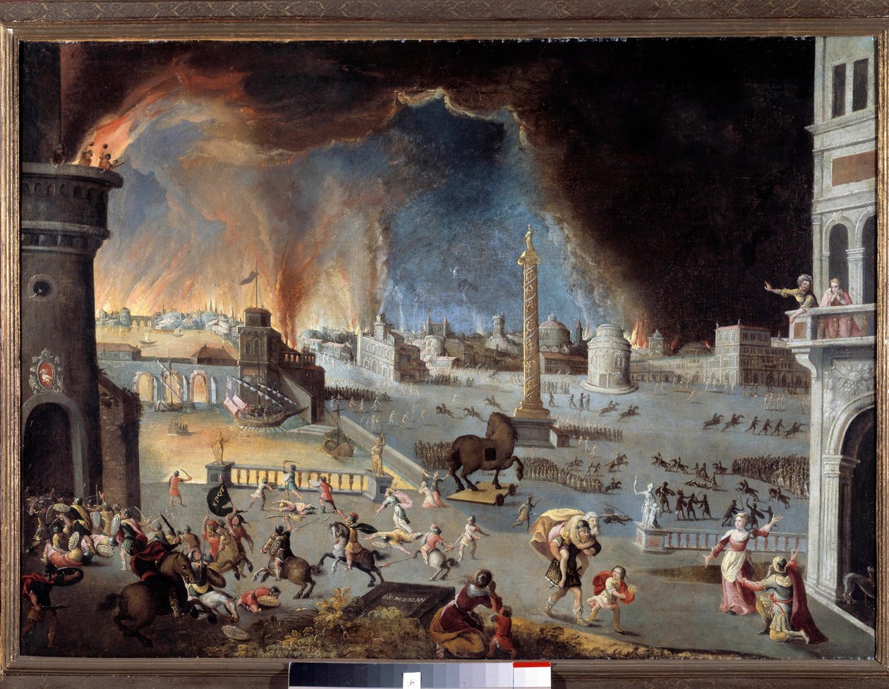 Tillfångatagandet av trojansk scen av det trojanska kriget, är staden ödelagd av grekerna trängde in i staden tack vare hästen. Målning av Jean Maublanc (1582-1628). 1600-talet. Besancon, musee des Beaux Arts - Trojanens fall - Scenen för trojanen W av Jean Maublanc