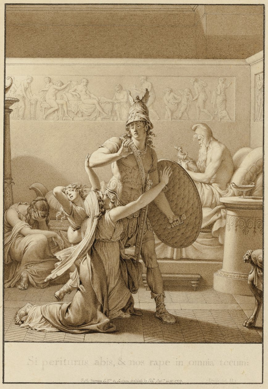 Creusa vädjar till Aeneas när han ger sig av till kriget av Jean Michel Moreau