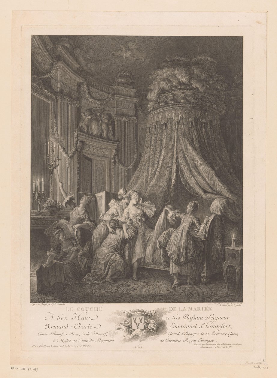 Ung kvinna lyfts till sin säng Le Coucher de la Mariee (titel på objekt) av Jean Michel Moreau