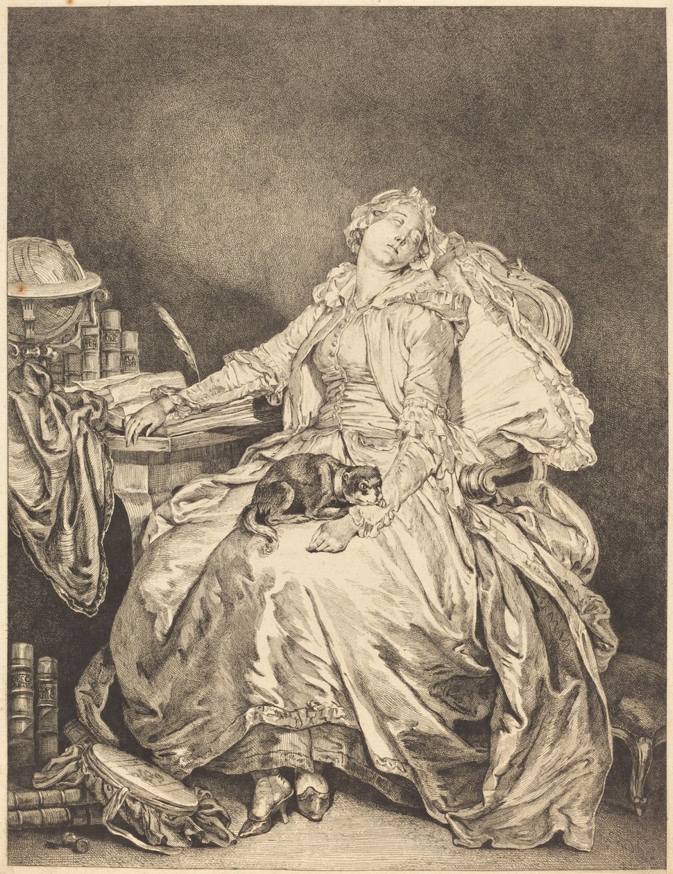 Den sovande filosofin av Jean Michel Moreau after Jean Baptiste Greuze