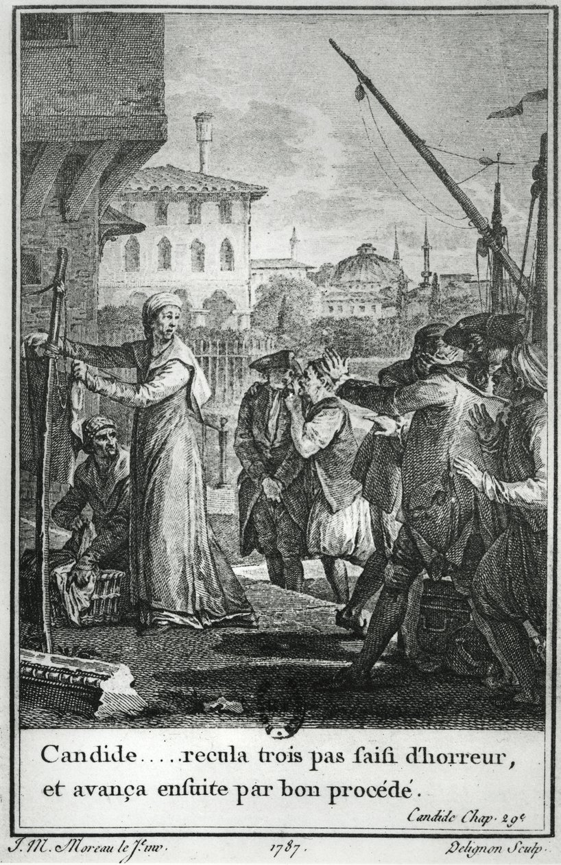 Candide... tog tre steg tillbaka gripen av fasa, och sedan avancerat med god process, illustration från kapitel 29 av Candide av Francois Voltaire (1694-1778) graverad av Jean Louis Delignon (1755-1804) 1787 av Jean Michel the Younger Moreau
