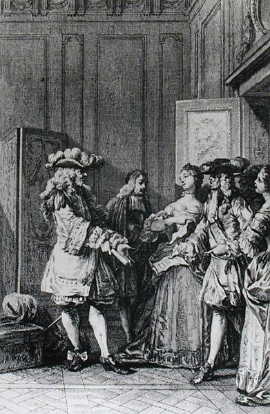 Illustration från LImpromptu de Versailles av Moliere (1622-73) graverad av D. Nee av Jean Michel the Younger Moreau