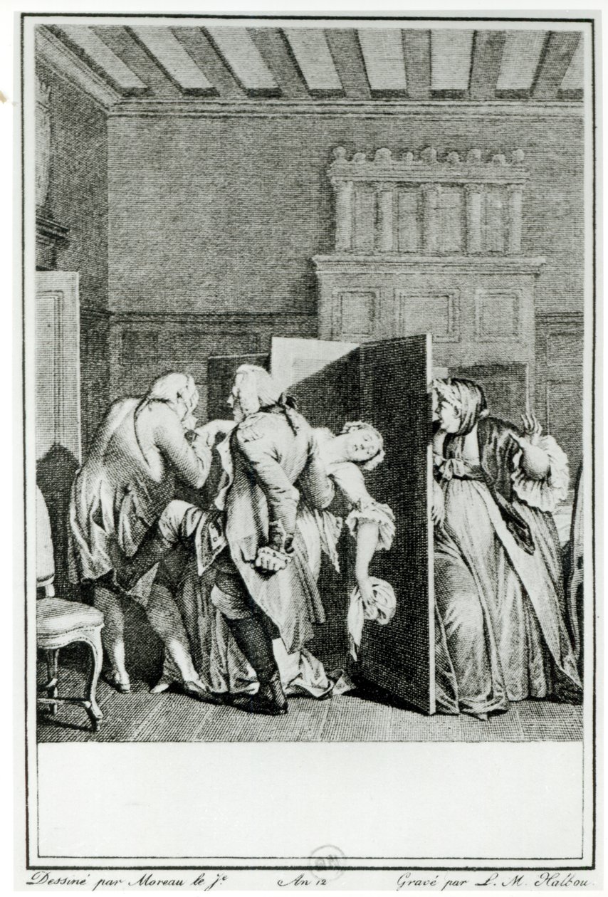 Baronen... hälsade Candide med några anmärkningsvärda sparkar på ridbyxan och körde ut honom från dörren, illustration från kapitel 1 av Candide av Francois Voltaire (1694-1778) graverad av Louis Michel Halbou ( av Jean Michel the Younger Moreau
